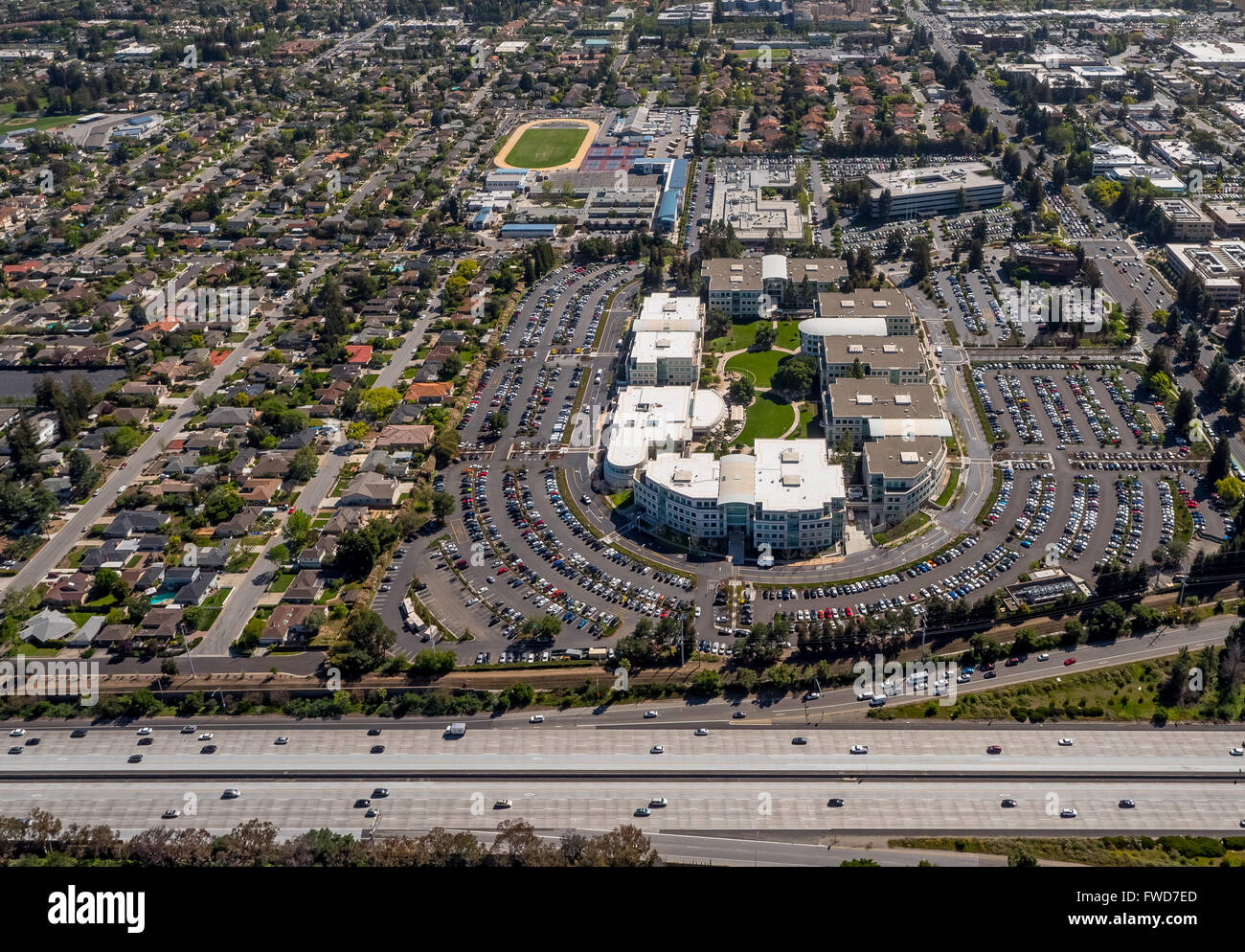 Apple Campus, Apple Inc., aerial, Apple University, above Apple Inc headquarters Cupertino California,  Silicon Valley Stock Photo