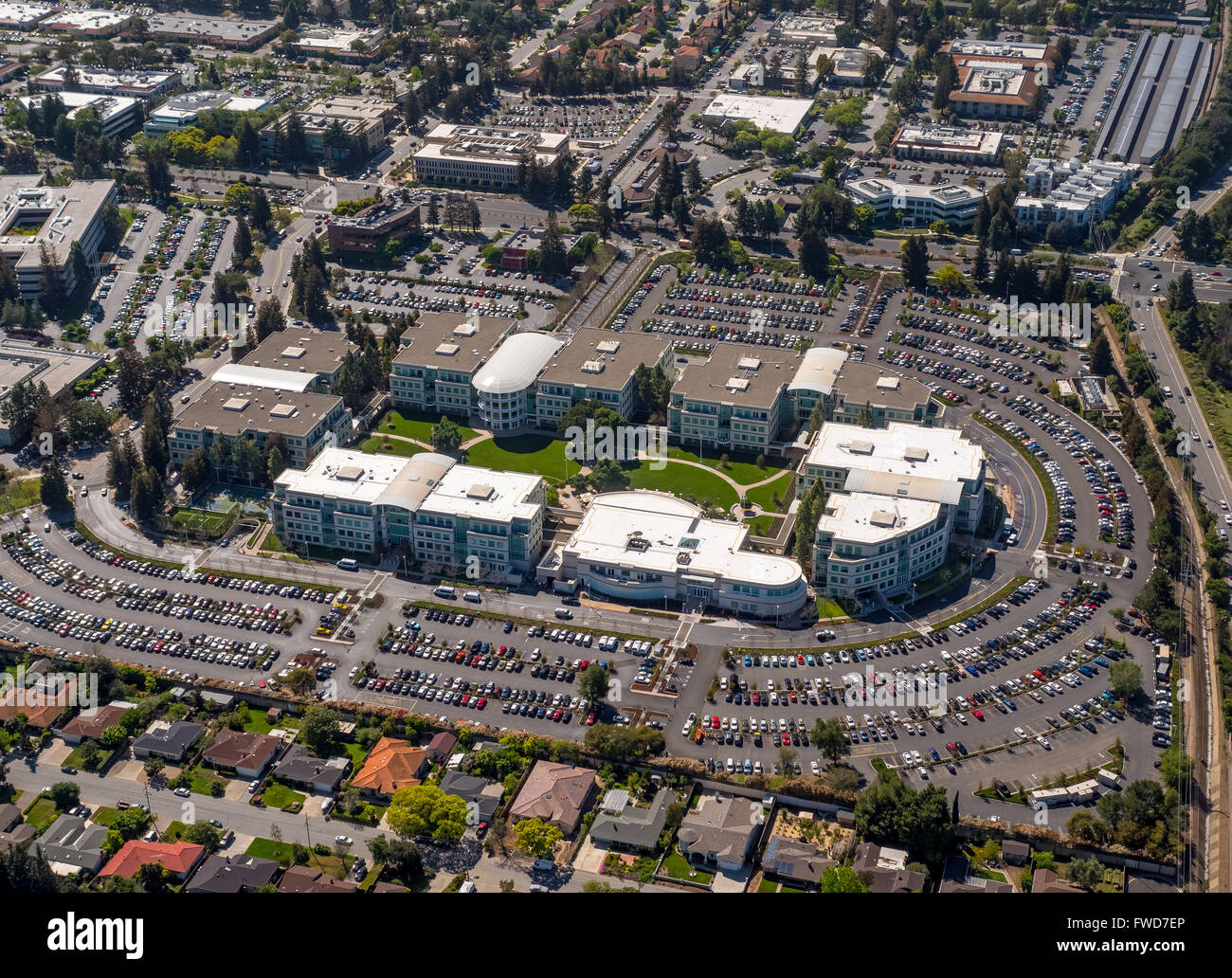 Apple Campus, Apple Inc., aerial, Apple University, above Apple Inc headquarters Cupertino California,  Silicon Valley Stock Photo