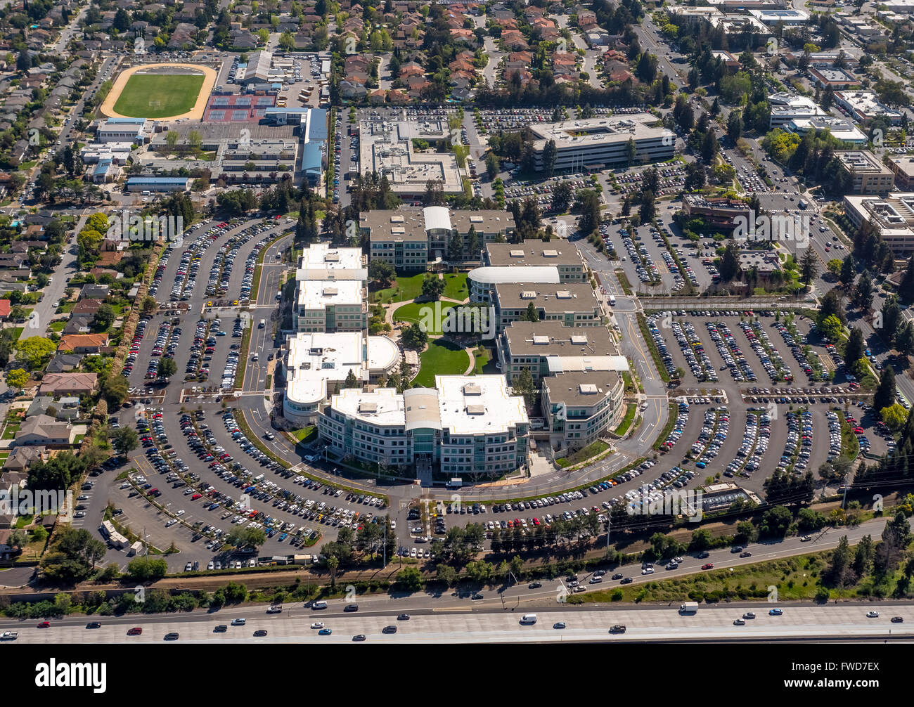 Apple Campus, Apple Inc., aerial, Apple University, above Apple Inc headquarters Cupertino California,  Silicon Valley Stock Photo