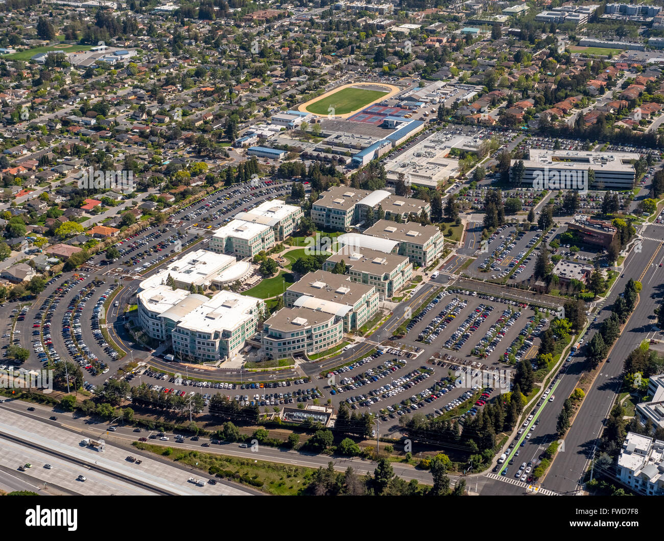 Apple Campus, Apple Inc., aerial, Apple University, above Apple Inc headquarters Cupertino California,  Silicon Valley Stock Photo