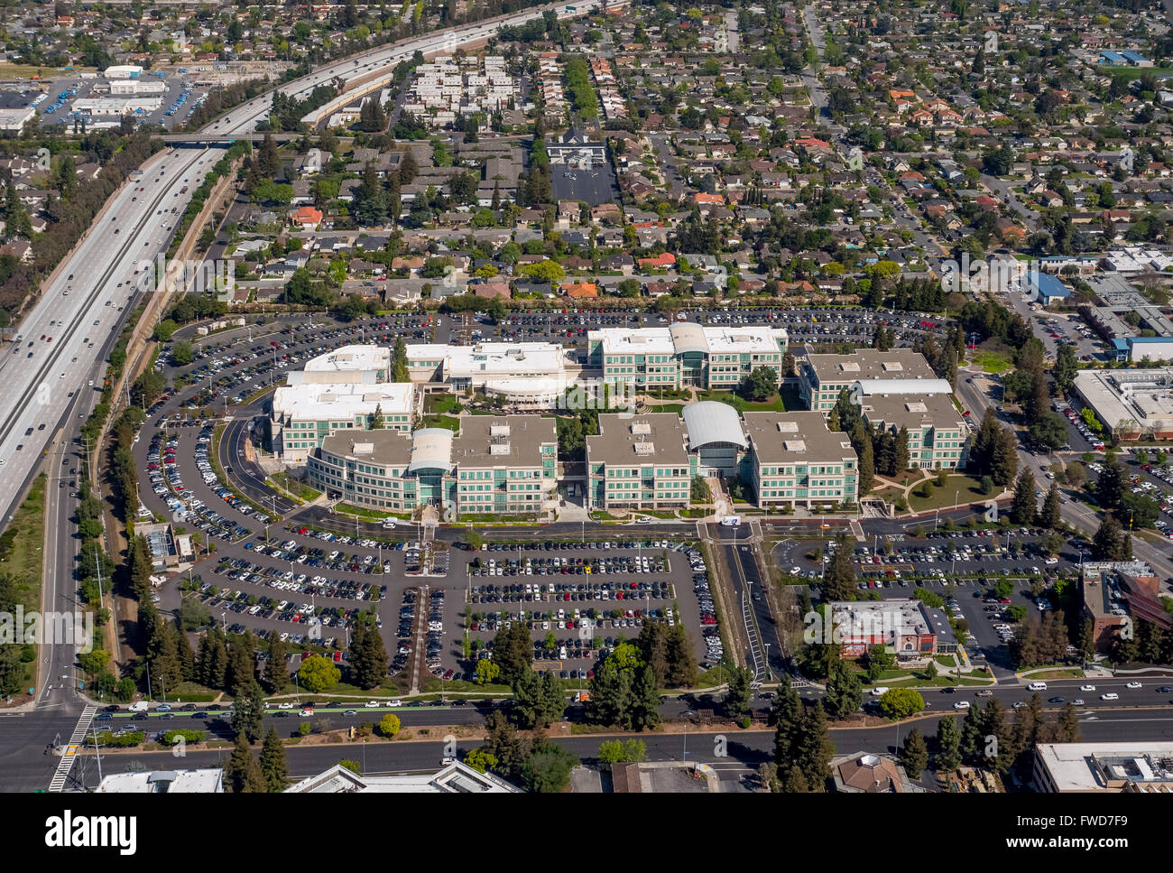 Apple Campus, Apple Inc., aerial, Apple University, above Apple Inc headquarters Cupertino California,  Silicon Valley Stock Photo