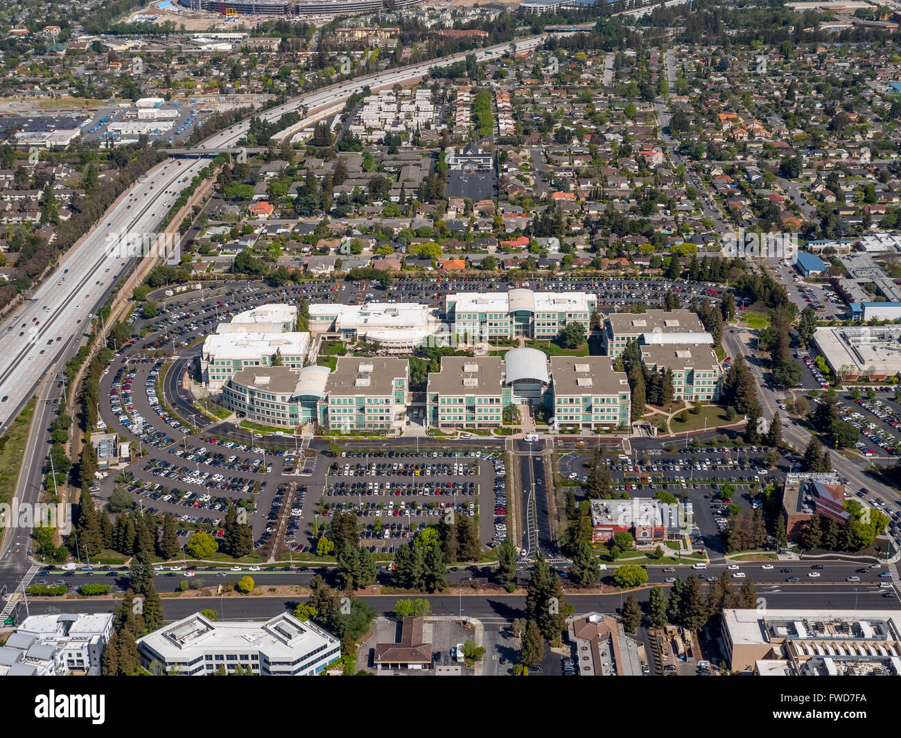 Apple Campus, Apple Inc., aerial, Apple University, above Apple Inc headquarters Cupertino California,  Silicon Valley Stock Photo