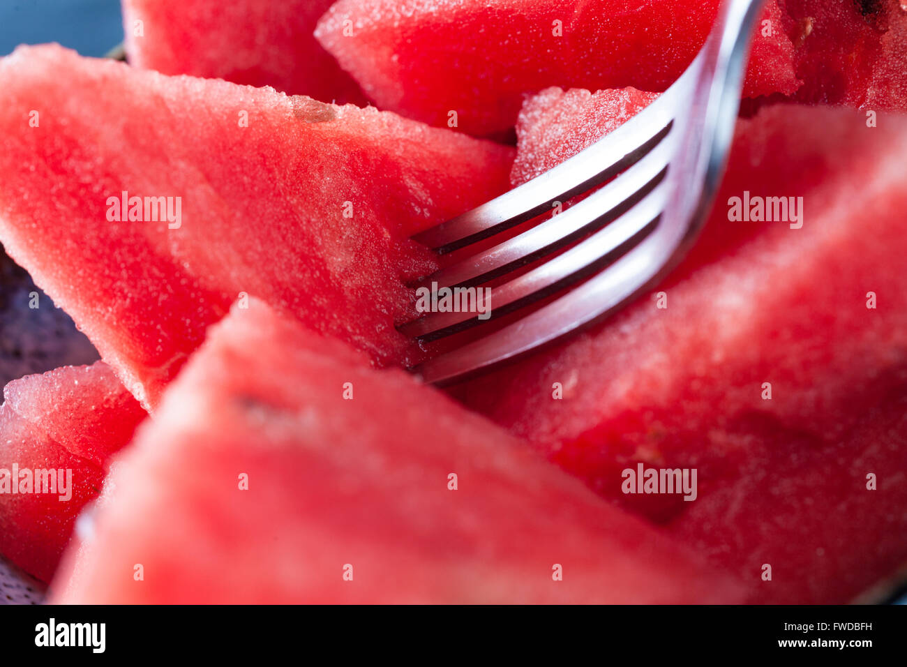 Watermelon slices with fork extreme closeup. Shallow depth of field. Stock Photo