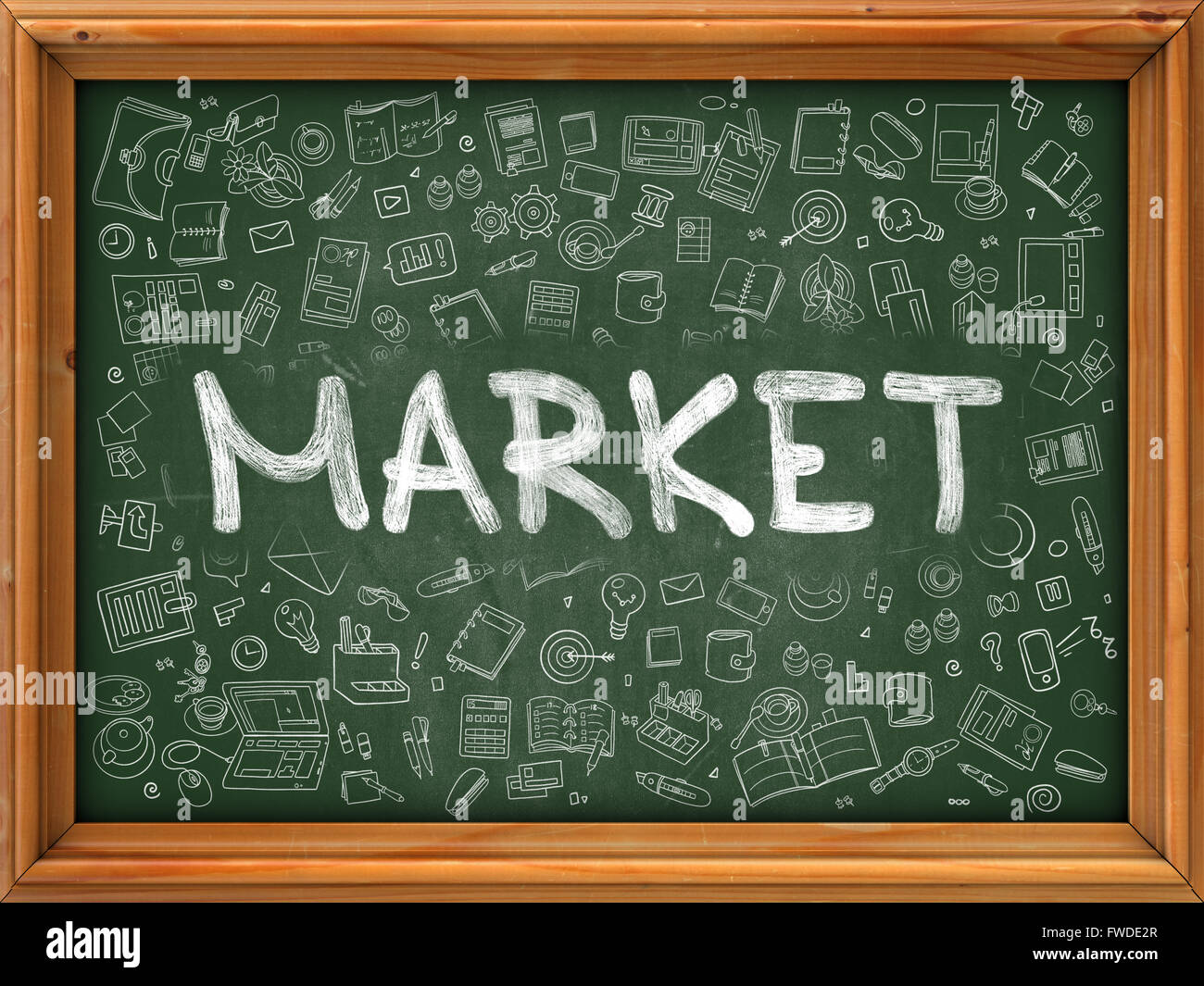 Market Concept. Doodle Icons on Chalkboard. Stock Photo