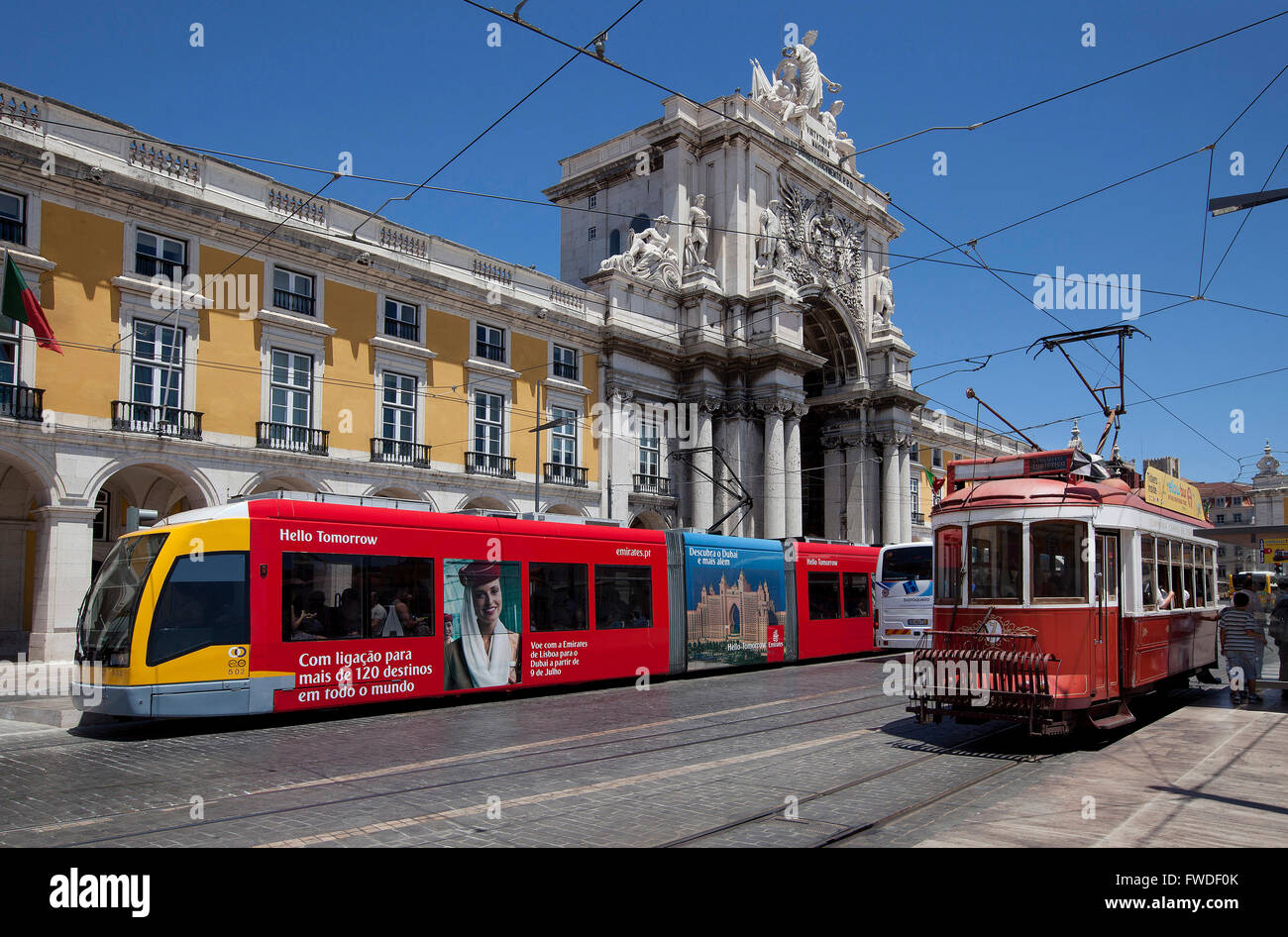 Trams and funiculars,Lisbon,Portugal: modern tram and old tourist tram Stock Photo