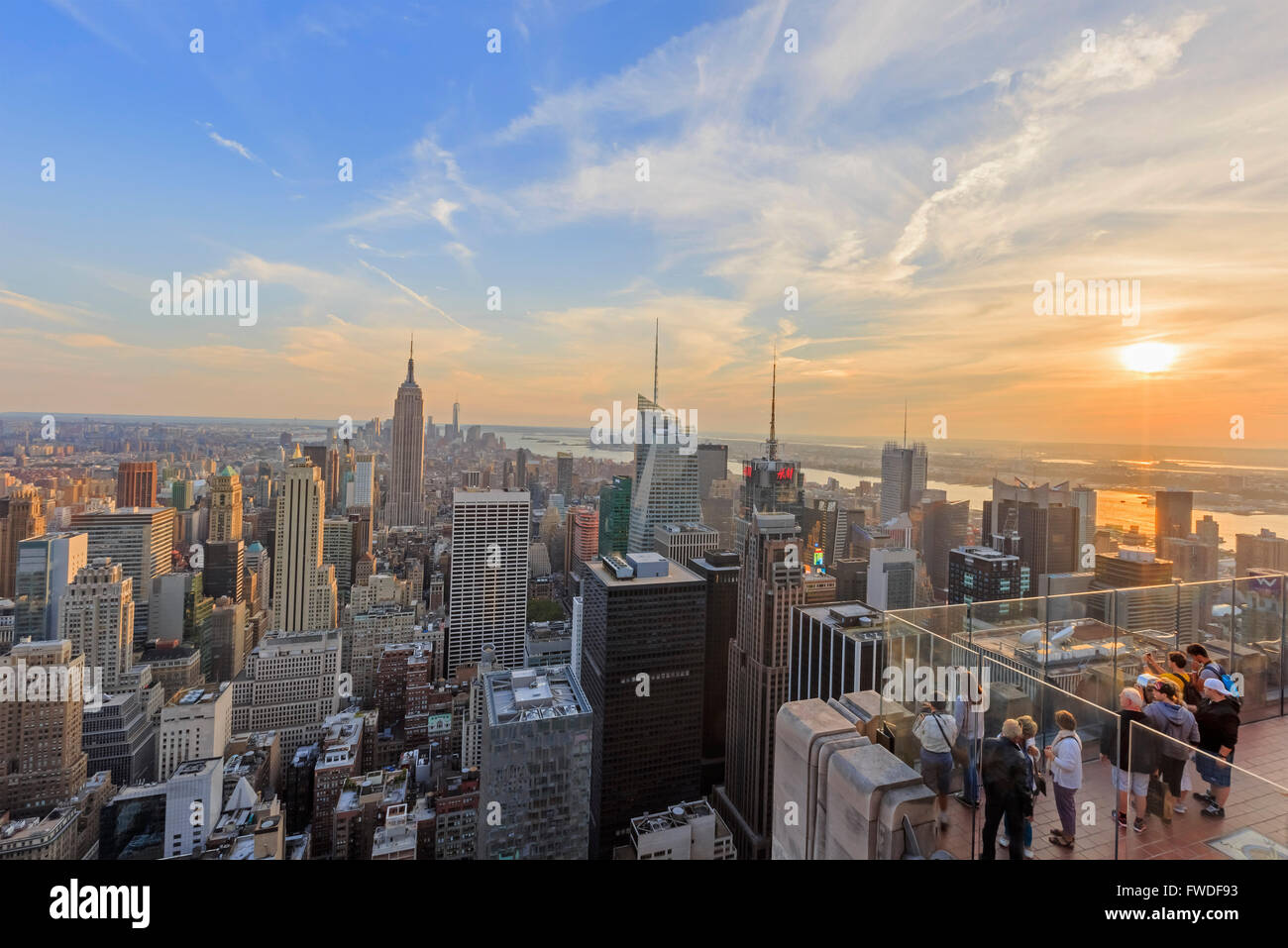 Aerial view of the New York City skyline during sunset time Stock Photo ...