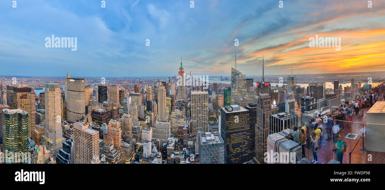 Aerial view of the New York City skyline during sunset time Stock Photo ...