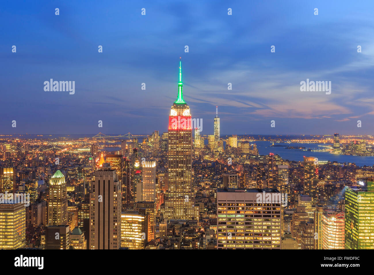 Aerial view of the New York City skyline during sunset time Stock Photo ...