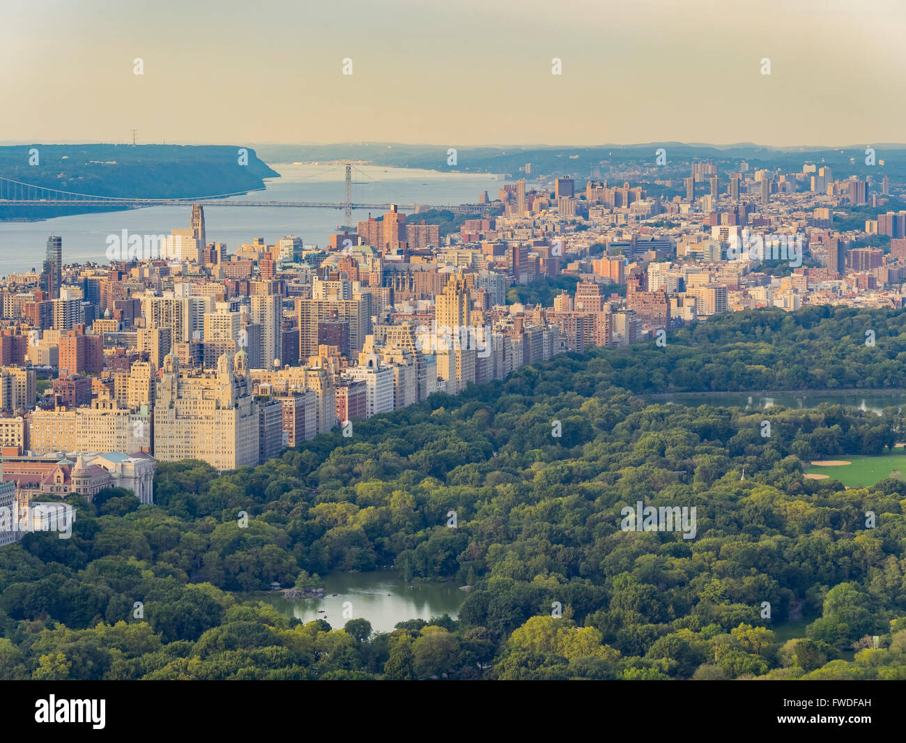 Aerial view of the New York City skyline during sunset time Stock Photo ...