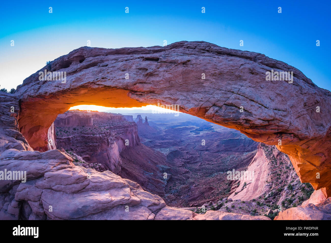 A new day is met with the sun's firey predawn glow casting its warmth on the under side of Mesa Arch, Canyonlands Utah. Stock Photo