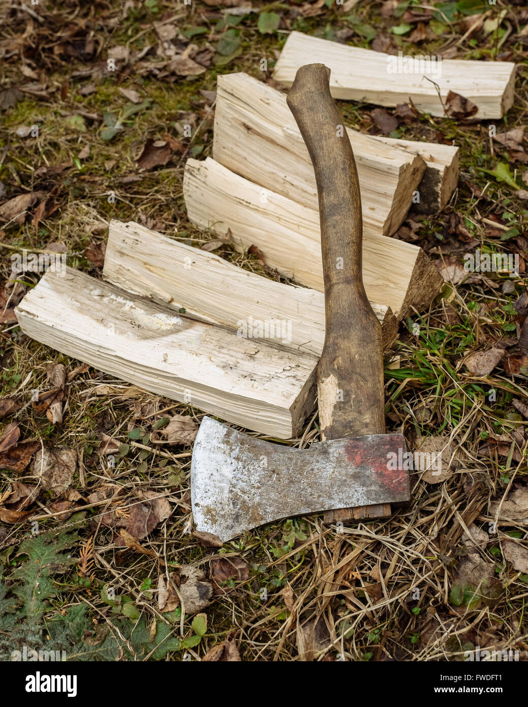 an axe to chop wood at camp Stock Photo Alamy