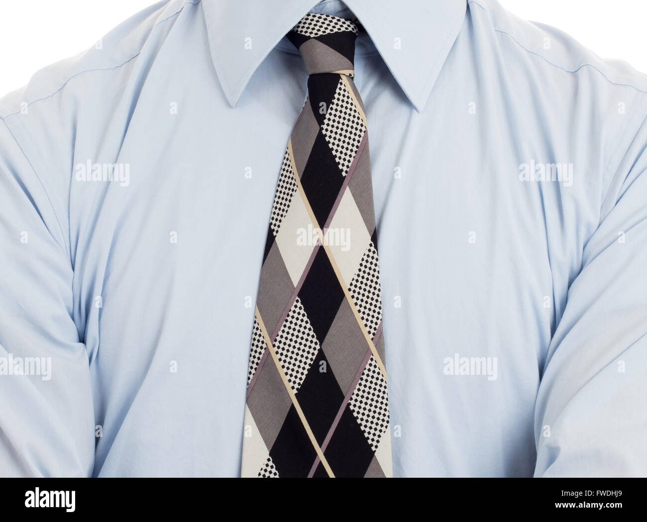 Man wearing wrinkled blue shirt with necktie, isolated on white Stock