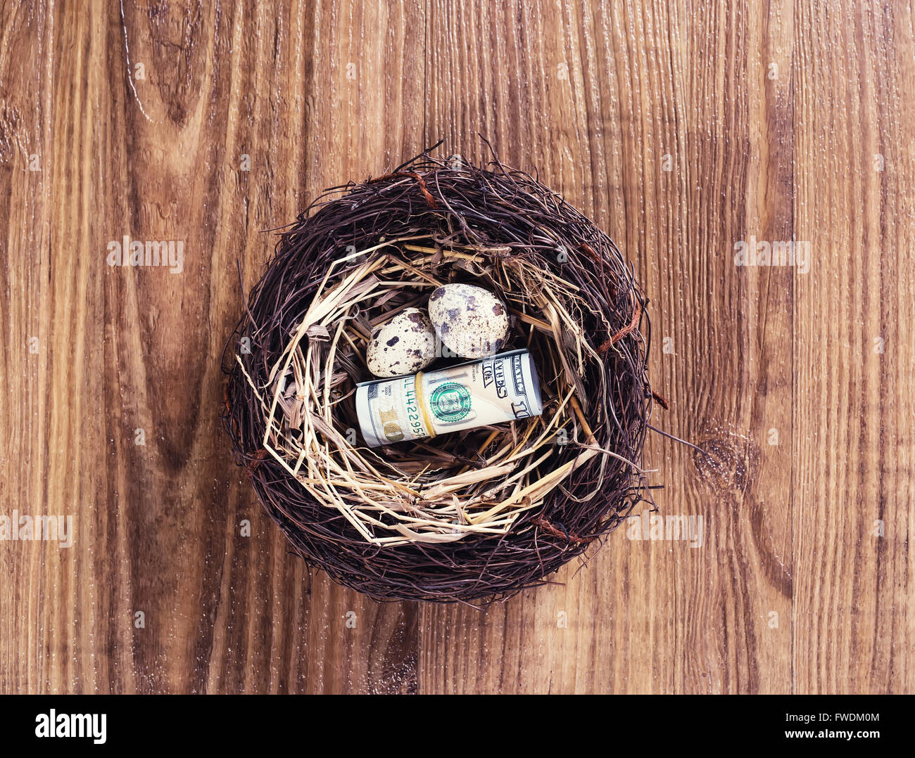 nest with monkey on old shabby wooden background Stock Photo