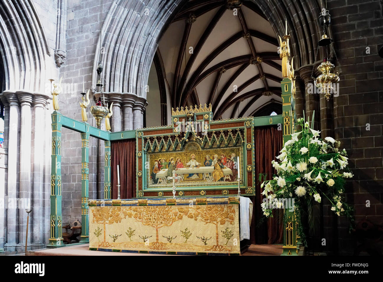 The main altar in Chester Cathedral, Chester, England, United Kingdom. High ISO image. Stock Photo