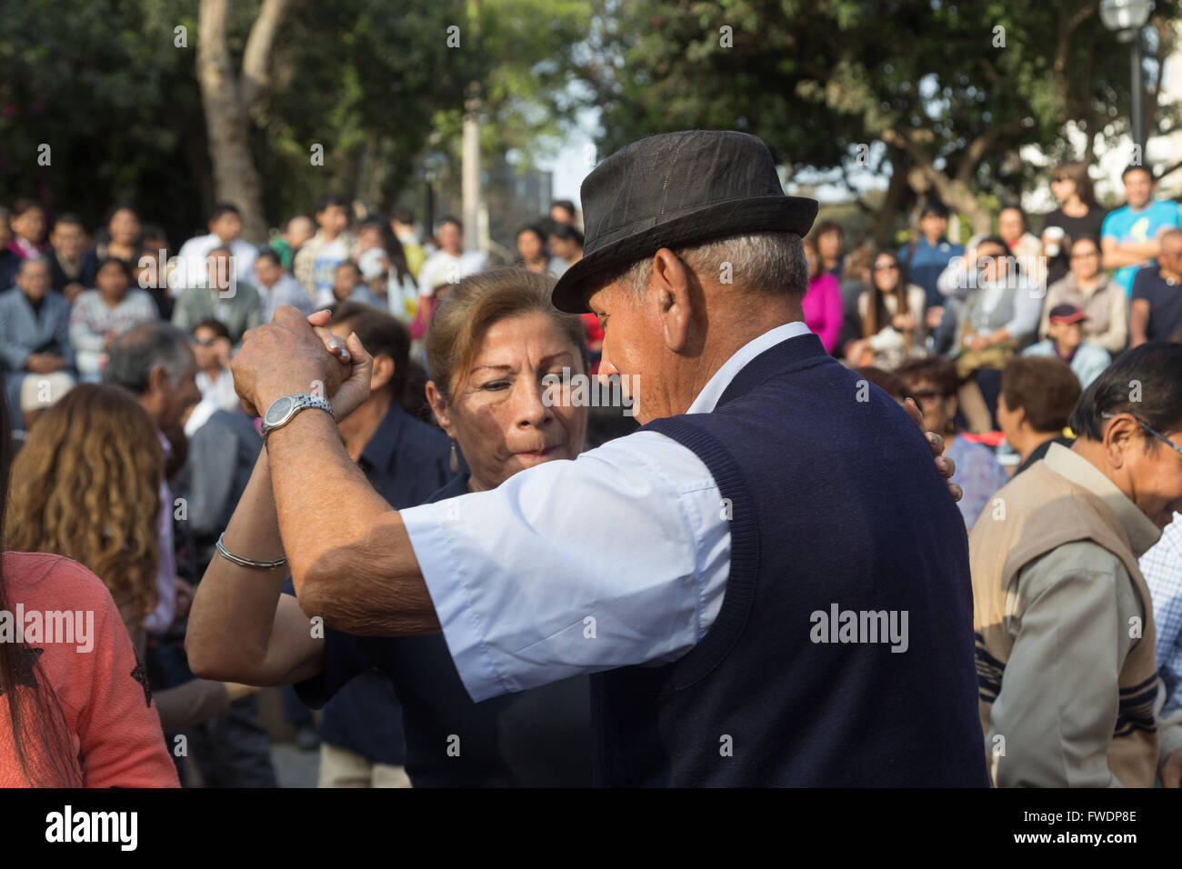 Lima, Peru - August 29, 2015: People at the public Saturday Salsa dancing event in Parque Kennedy in Miraflores district. Stock Photo