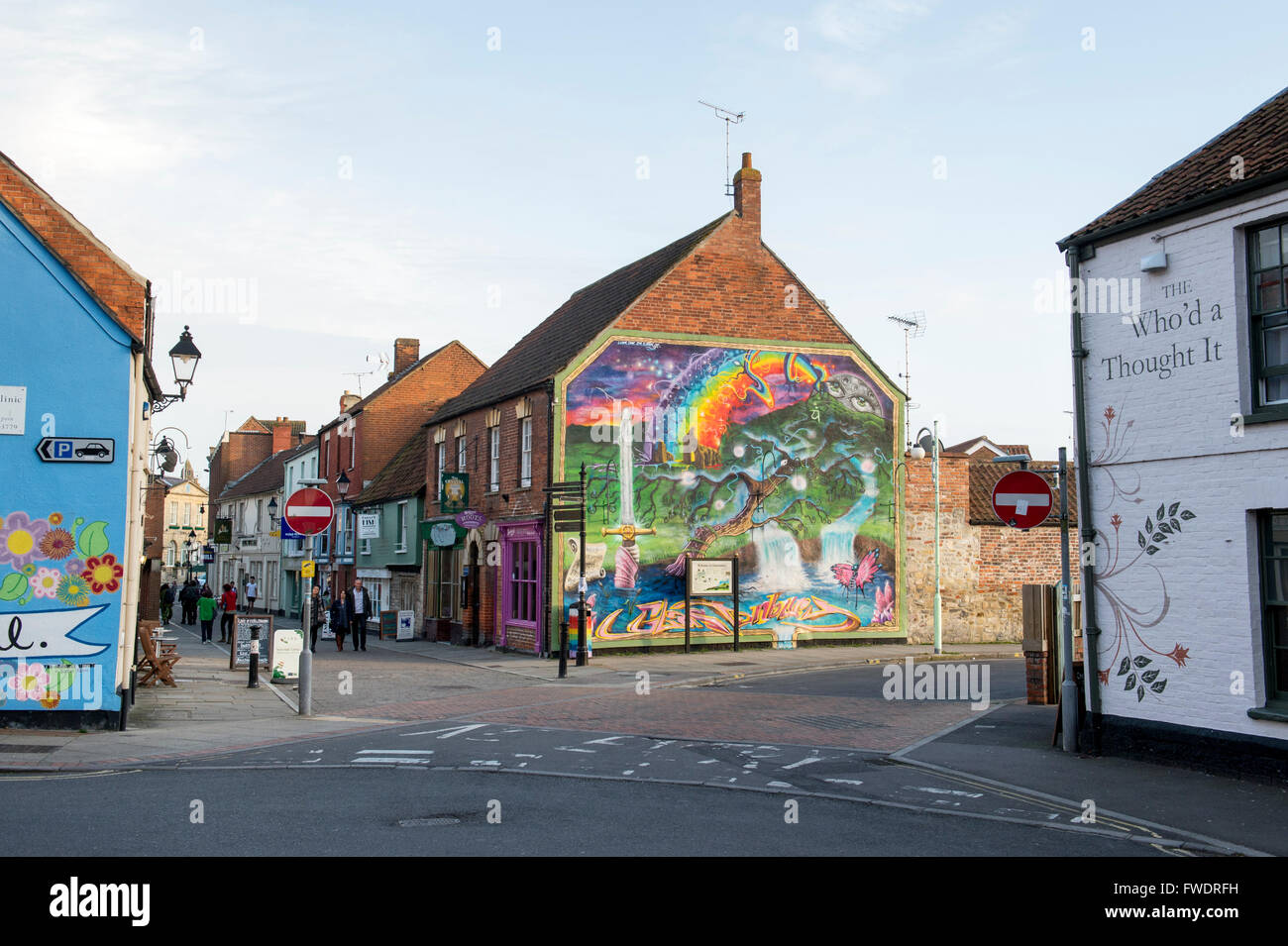 Colourful wall mural. Glastonbury, Somerset, England. Stock Photo