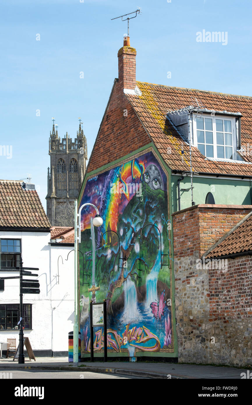 Colourful wall mural. Glastonbury, Somerset, England. Stock Photo