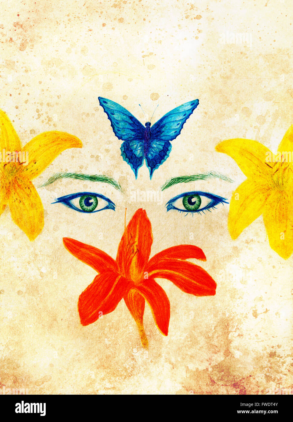 Woman Eyes With Flower And Butterfly Color Pencil Drawing
