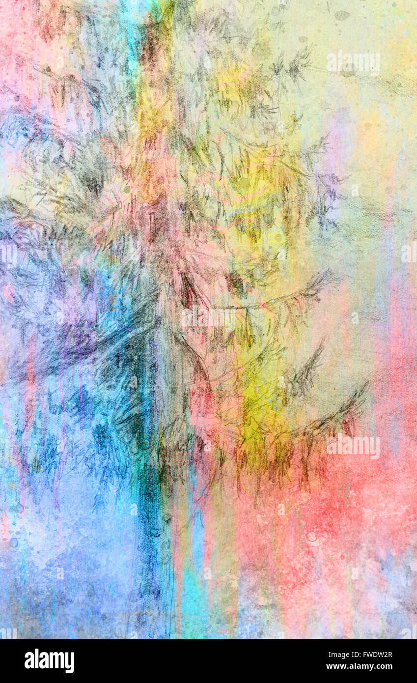 pencil drawing spruce on old paper background and Color Abstract background. Stock Photo
