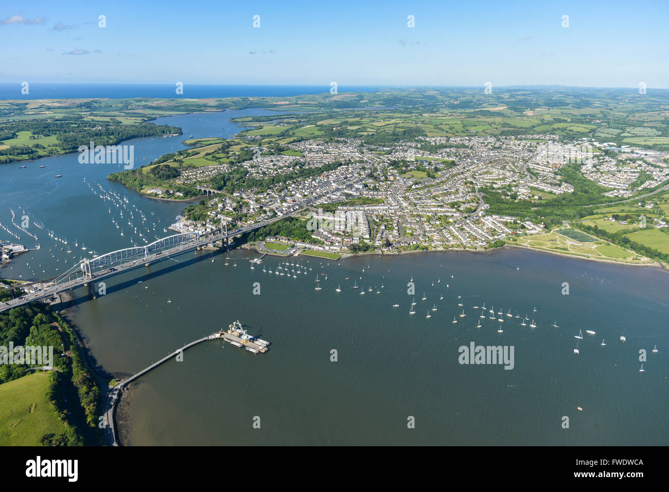 An aerial view of the Cornish town of Saltash and the River Tamar Stock Photo