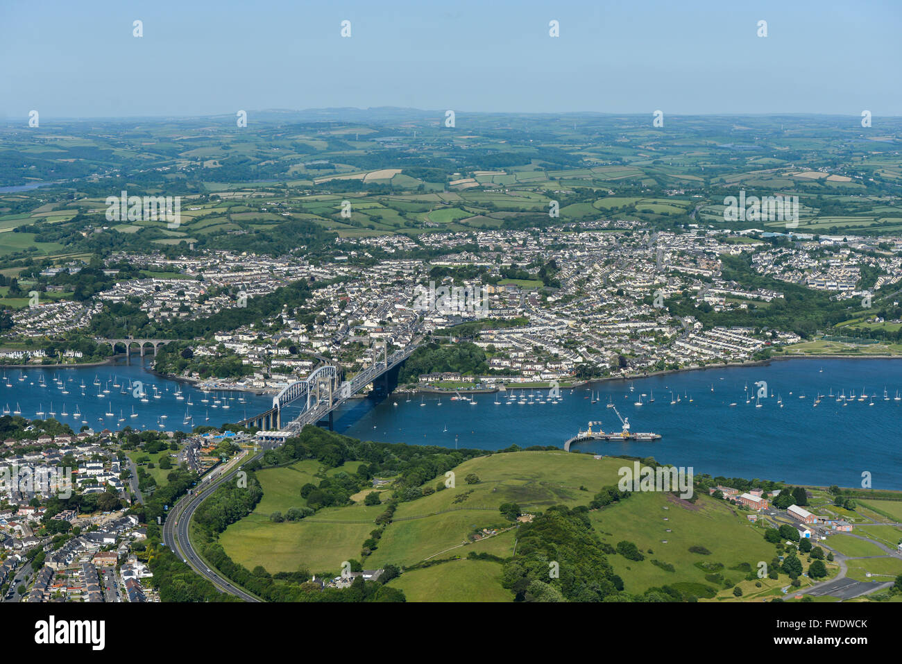 An aerial view of the Cornish town of Saltash and the River Tamar Stock Photo