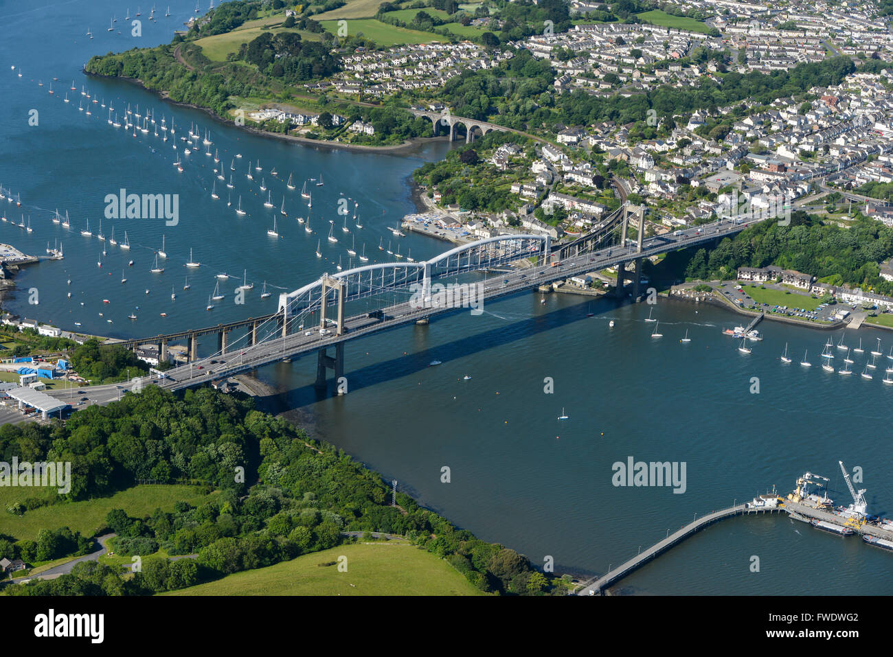 An aerial view of the Tamar and Royal Albert Bridges linking Saltash and Plymouth, Cornwall Stock Photo