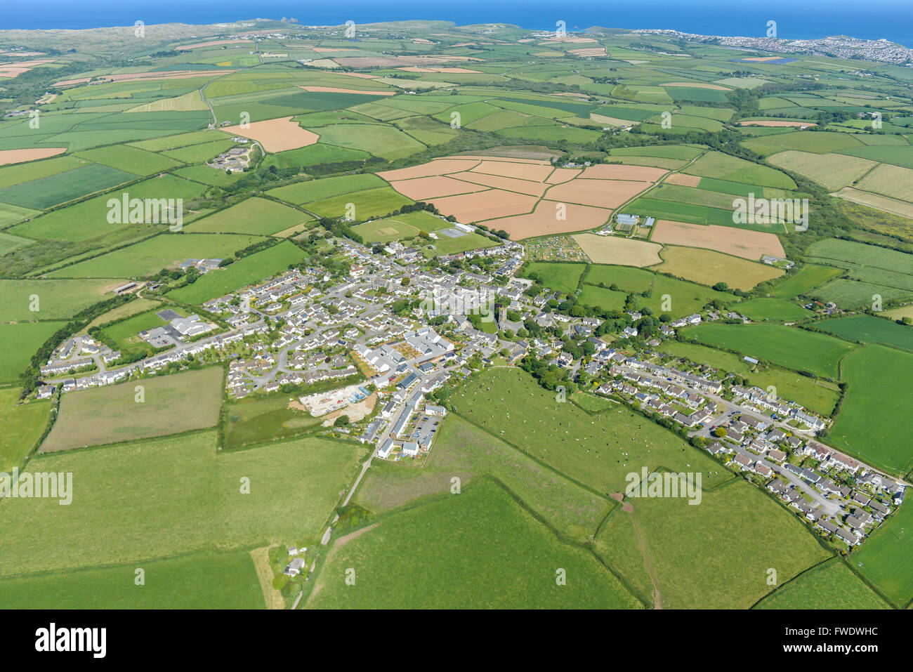 An aerial view of the village of St Newlyn East and surrounding Cornish countryside Stock Photo