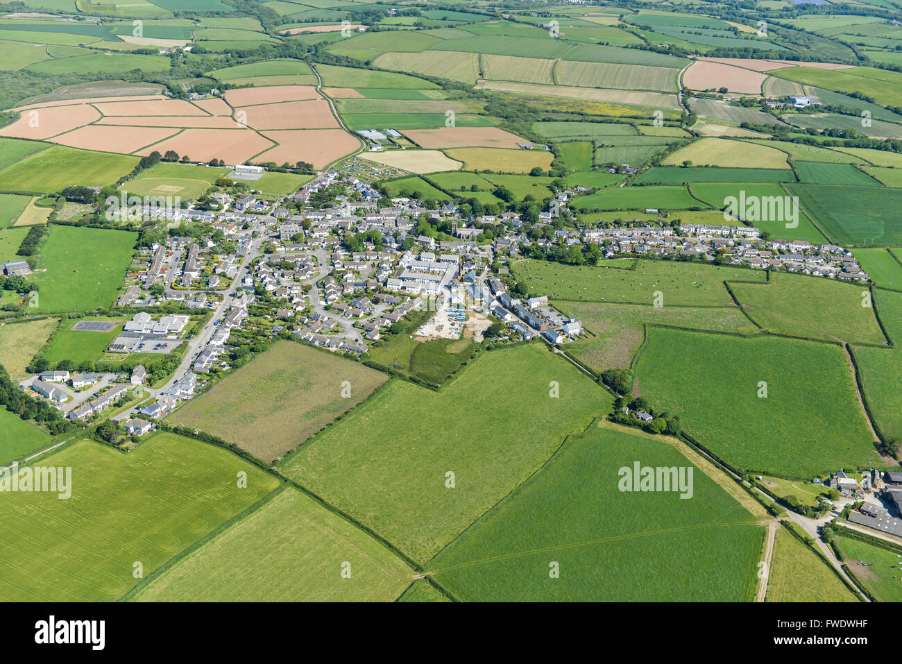 An aerial view of the village of St Newlyn East and surrounding Cornish countryside Stock Photo