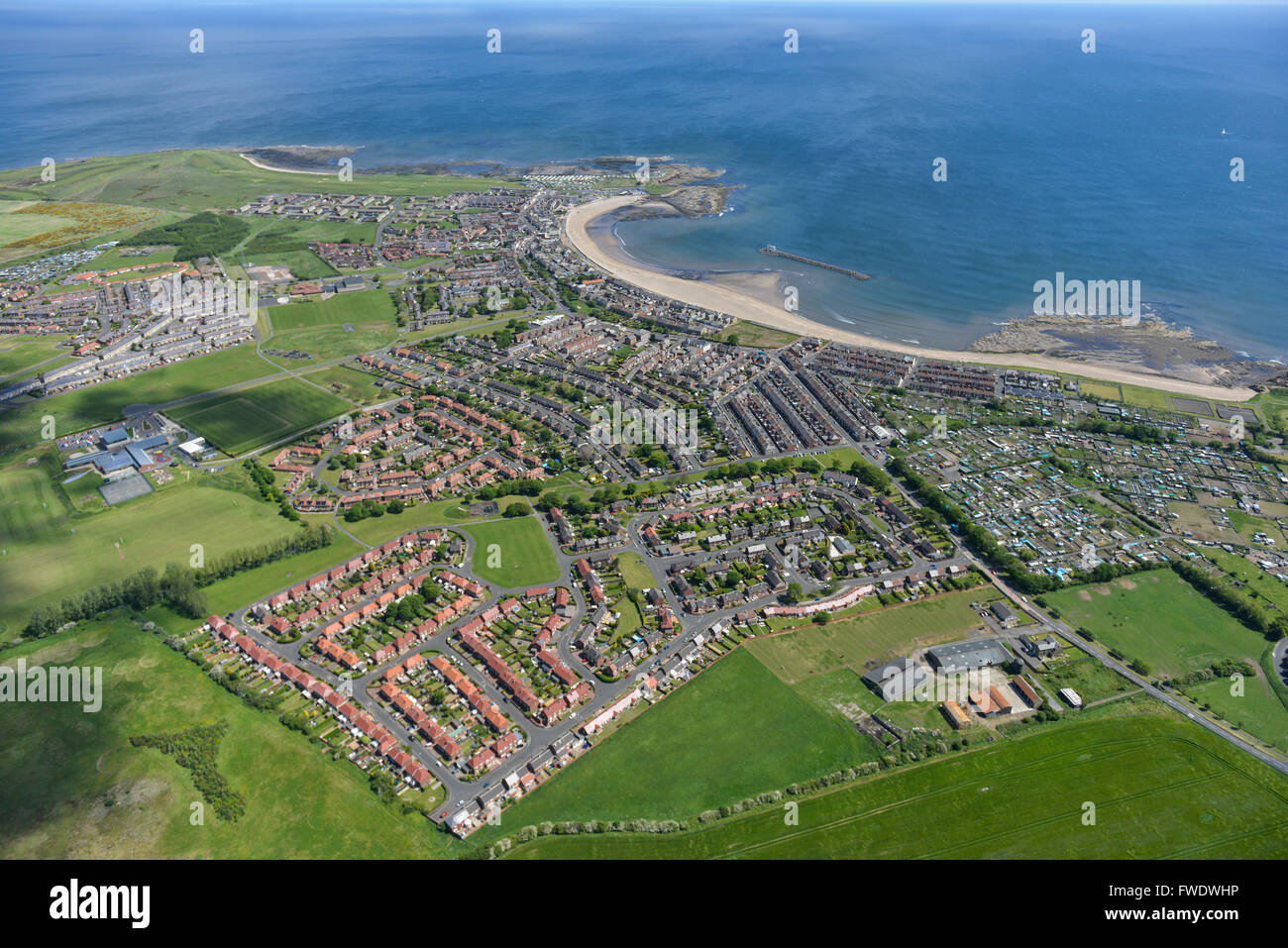 A scenic aerial view of Newbiggin by the Sea on the Northumberland