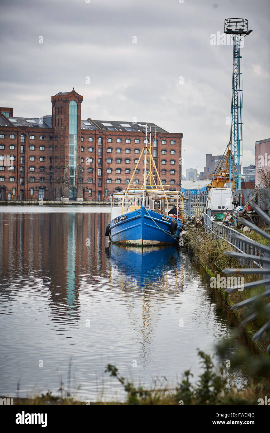 West Float Merseyside Liverpool docks birkenhead   from Duke Street bridge warehouse basin large brick built Corn Warehouse, Eas Stock Photo