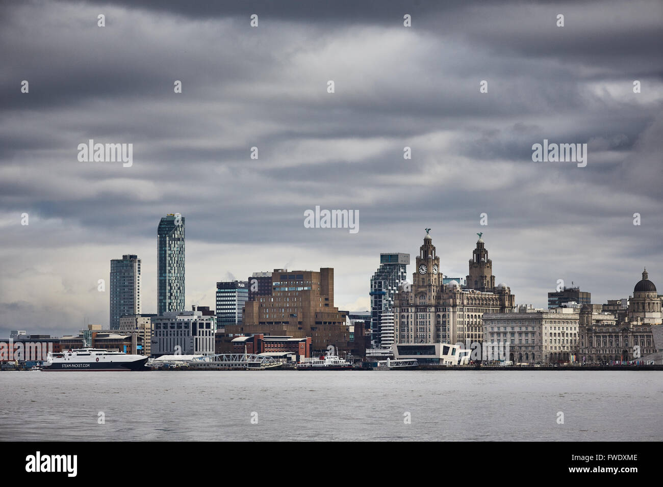 from West Float Merseyside Liverpool docks birkenhead   liverpool skyline with the Liver Building fronts over the River Mersey c Stock Photo