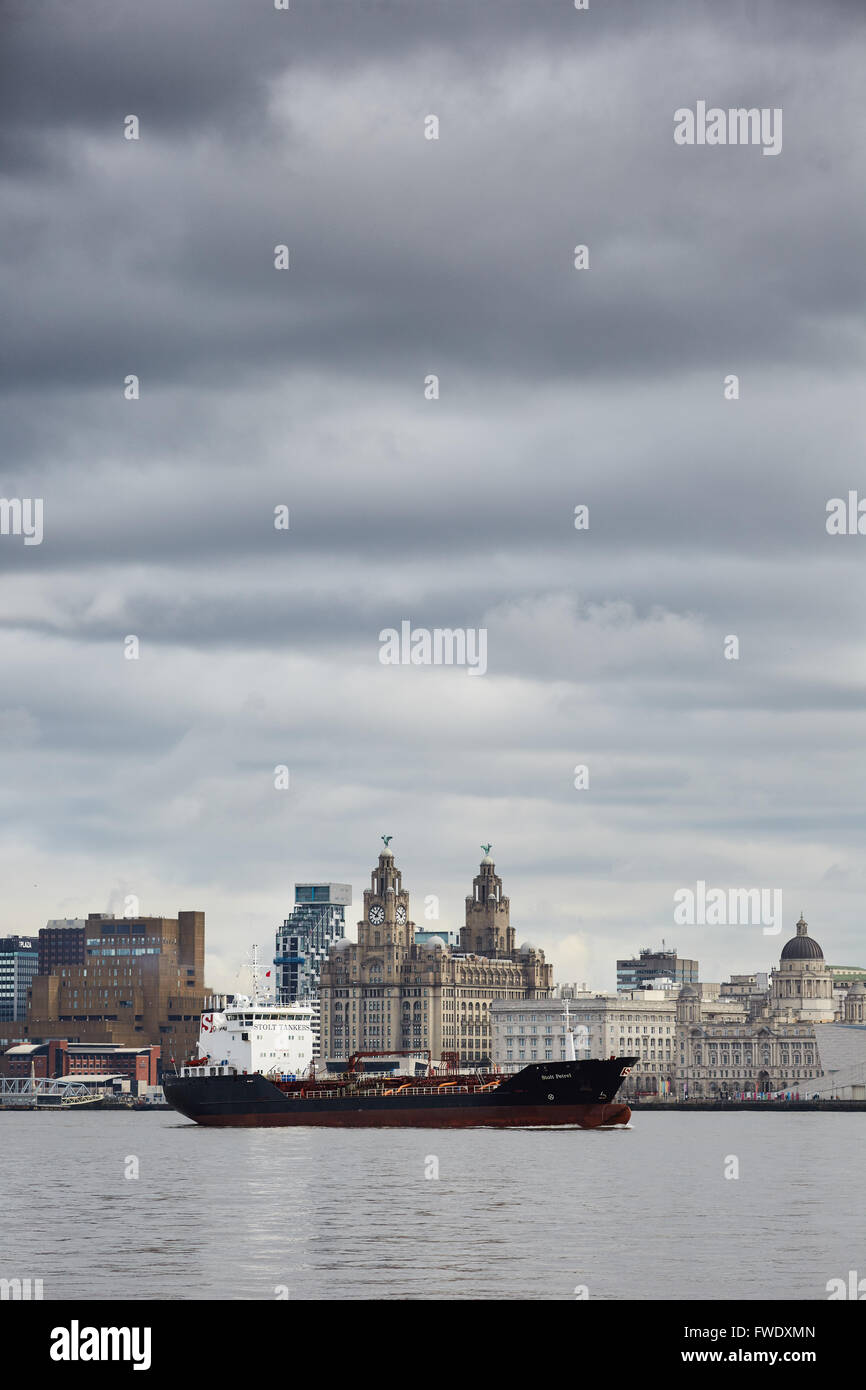 from West Float Merseyside Liverpool docks birkenhead   liverpool skyline with the Liver Building fronts over the River Mersey c Stock Photo