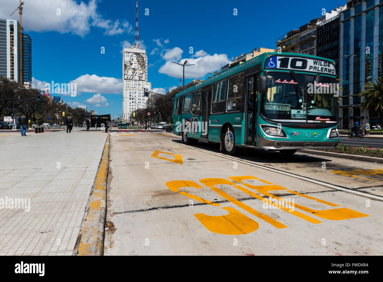 Buenos Aires, Argentina - October 4, 2013: A public bus at the 9 de Julio Avenue in Buenos Aires, Argentina. Stock Photo