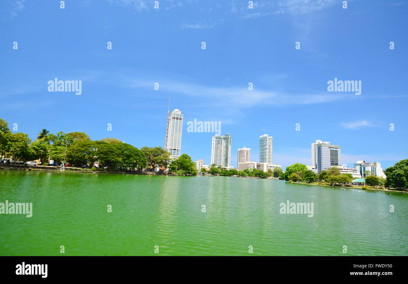Colombo Beira Lake, Skyline And Modern Skyscrapers.  Beira Lake Is A Large Lake In The Heart Of The City Of Colombo That Surroun Stock Photo
