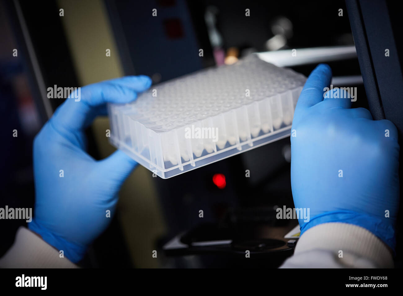 well plate loaded into testing machine analysing biology analyser   blood treatment fluids testing Stock Photo