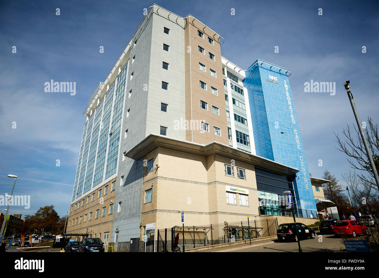 Integrated Care Centre New Radcliffe Street Oldham   Exterior of building sunny blue sky clouds Hospital wards corridors nurse n Stock Photo