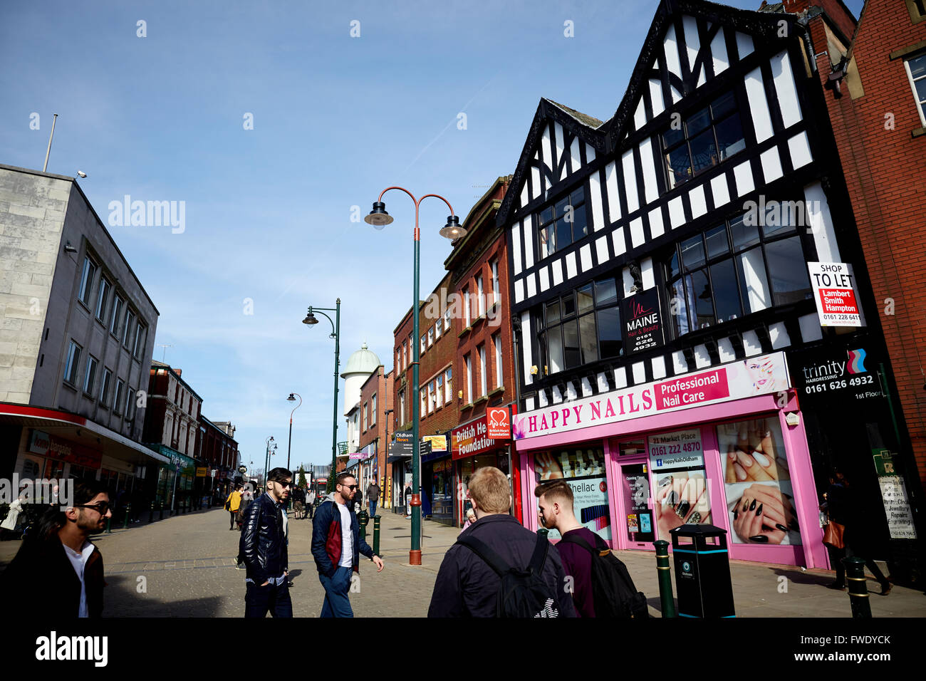 Oldham town centre Yorkshire Street   Tudor black white architecture happy nails Stock Photo