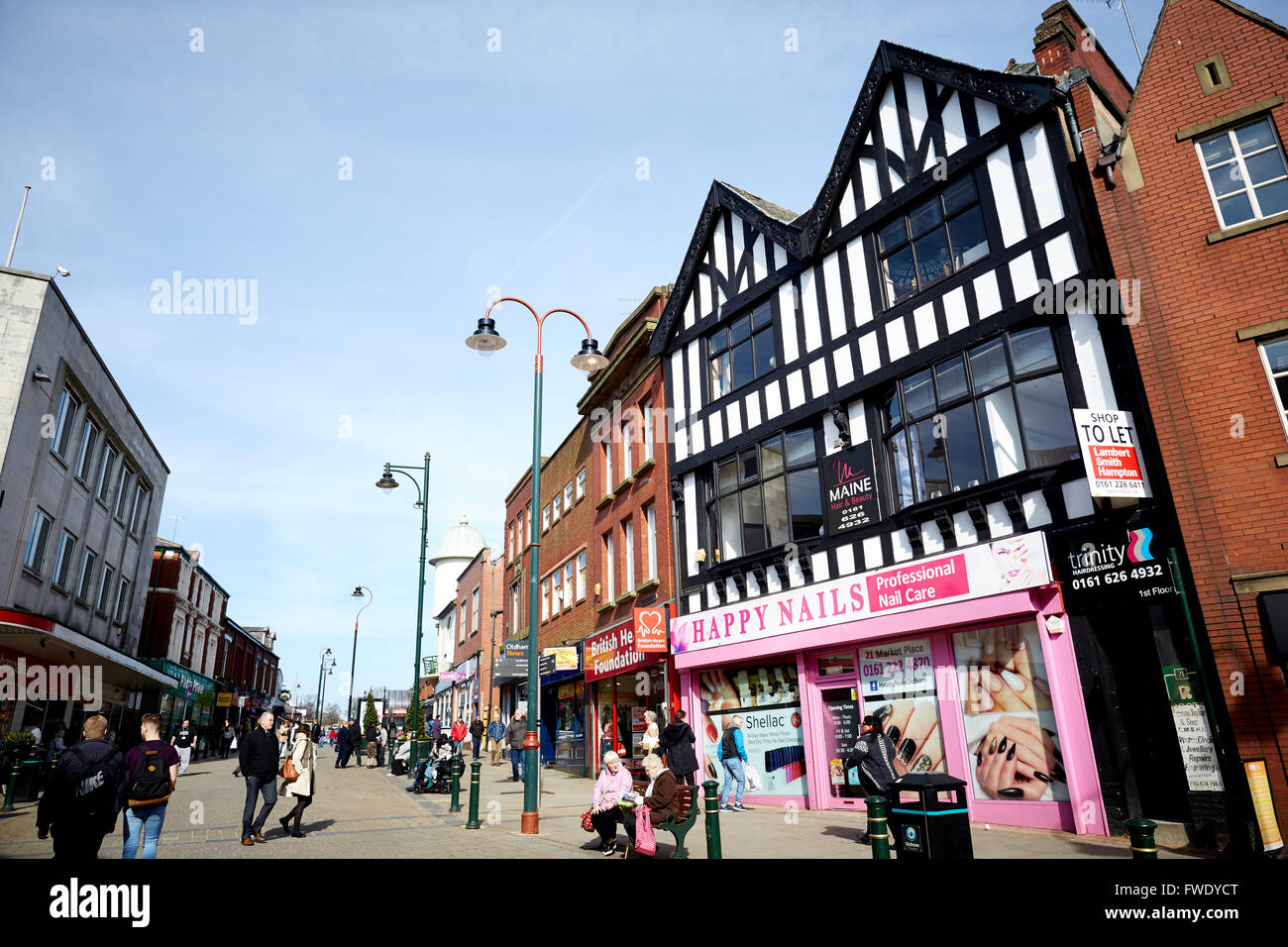 Oldham town centre Yorkshire Street   Tudor black white architecture happy nails Stock Photo