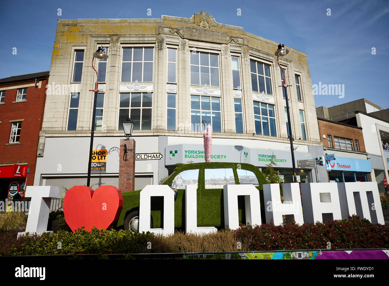 Oldham town centre Yorkshire Street   Tudor black white architecture i love heart oldham luv sign letters big Stock Photo