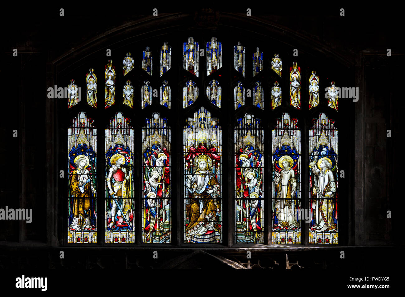 Stained glass window in St John the Baptist church, Cirencester, Gloucestershire, England Stock Photo