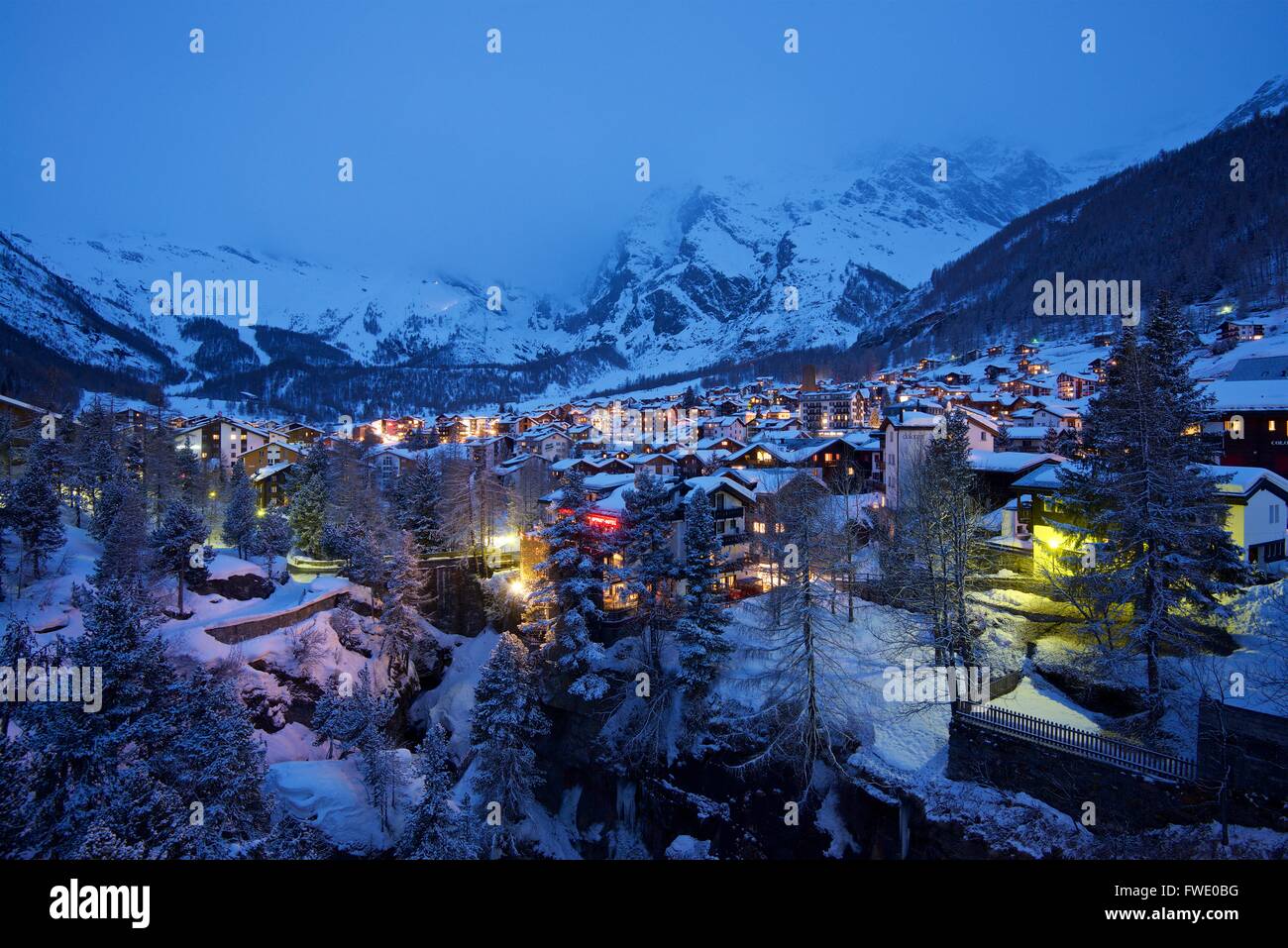 A colour rendition taken at night of the Saas Fee Ski resort in Switzelrnad Stock Photo