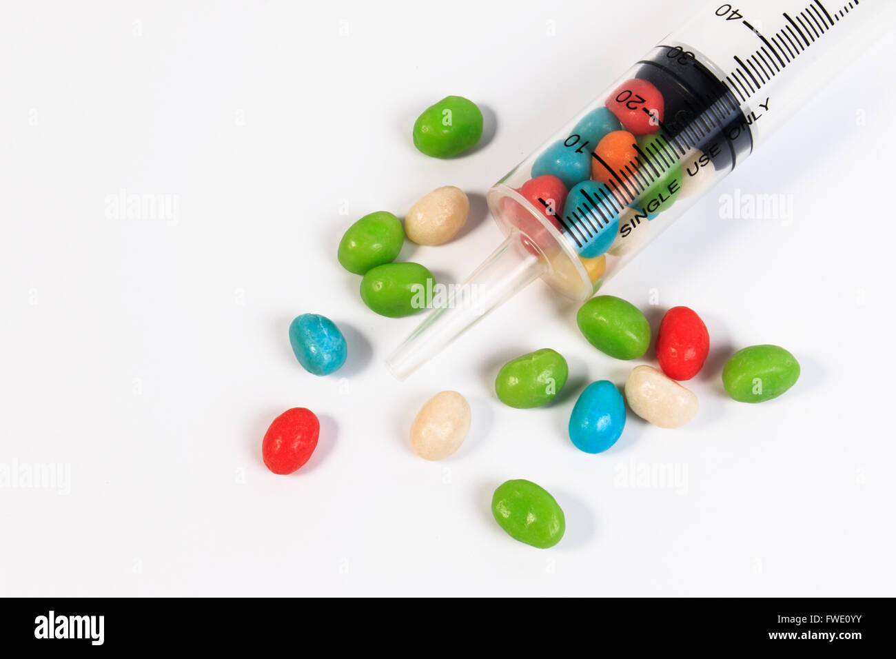 A syringe and candy bottle isolate on white background. Protect against
