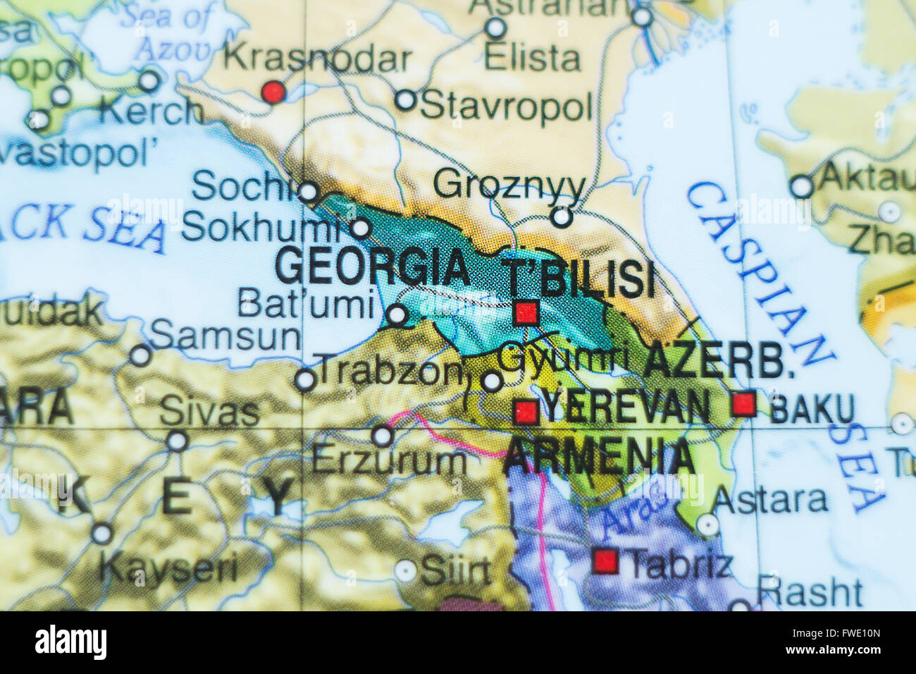 Photo of a map of Georgia and the capital Tbilisi . Stock Photo