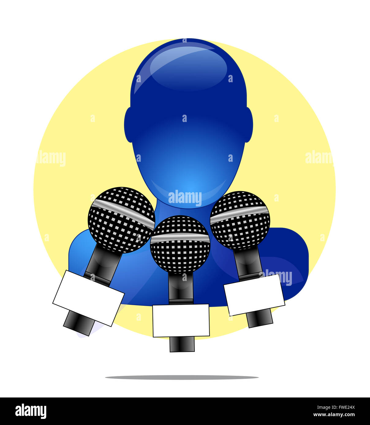 Illustration of blue person with three microphones with yellow circle background Stock Photo