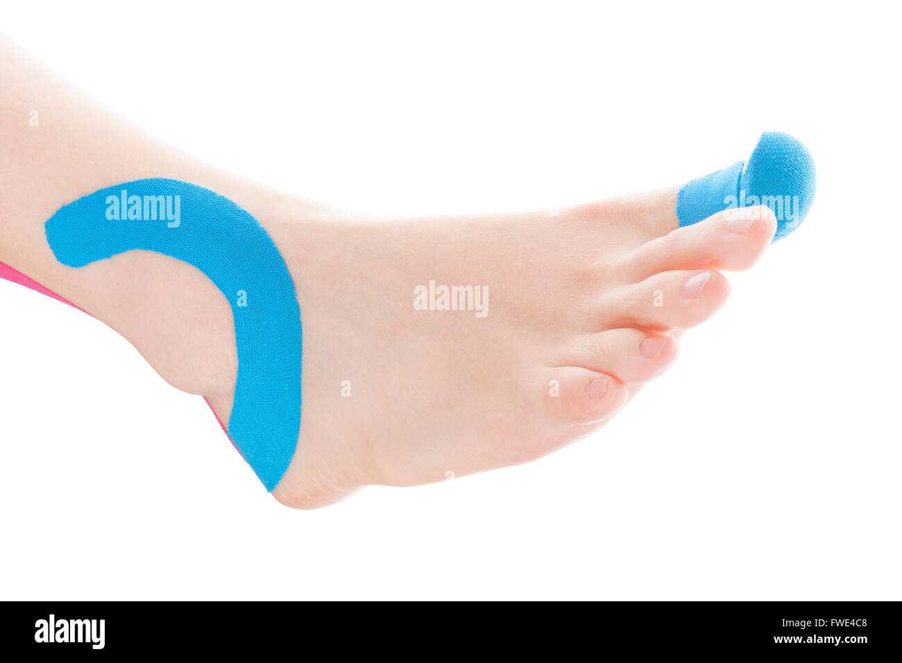 Therapeutic tape on female ankle isolated on white background. Chronic