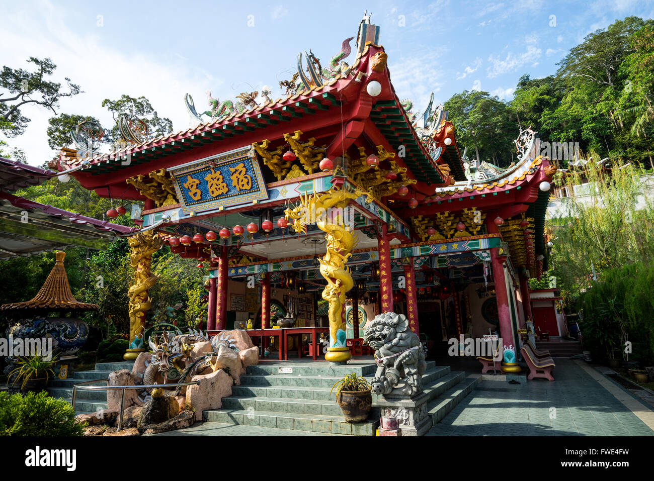 The ornate architecture at Fu Lin Kong Temple during Chinese New Year festive season in Pangkor island of Malaysia. Stock Photo