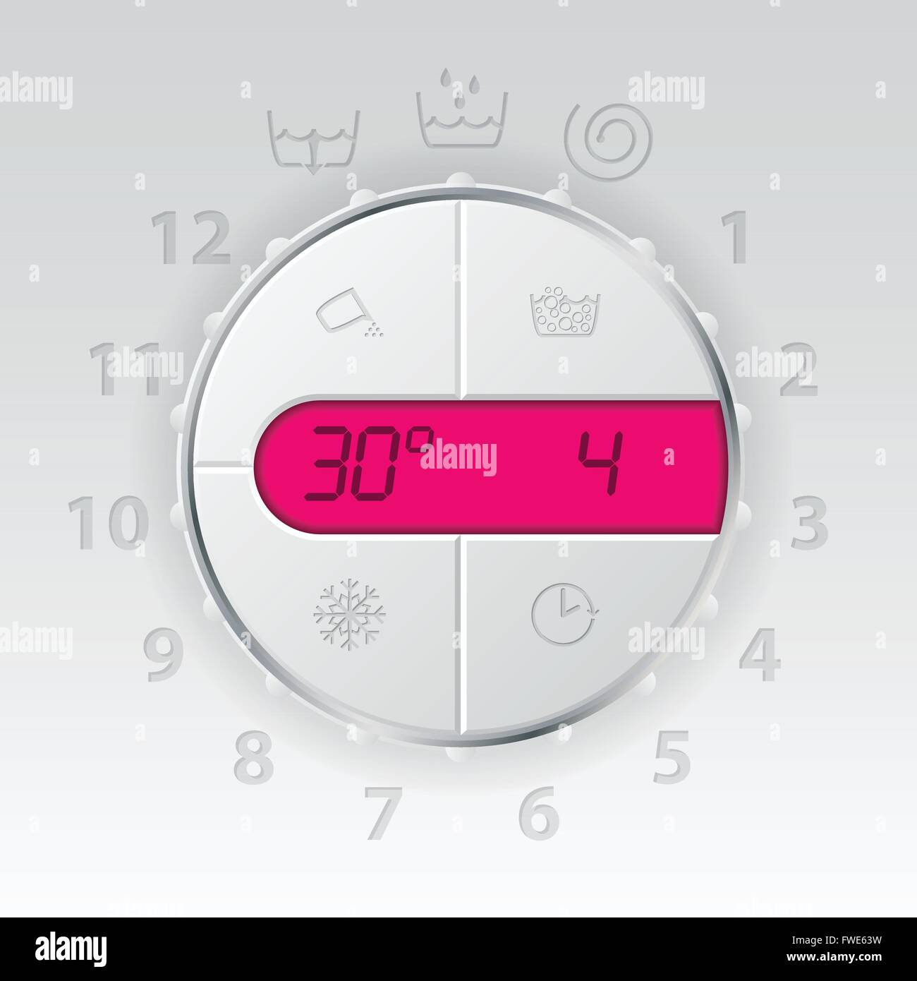 Wash machine control panel with pink lcd showing temperature and