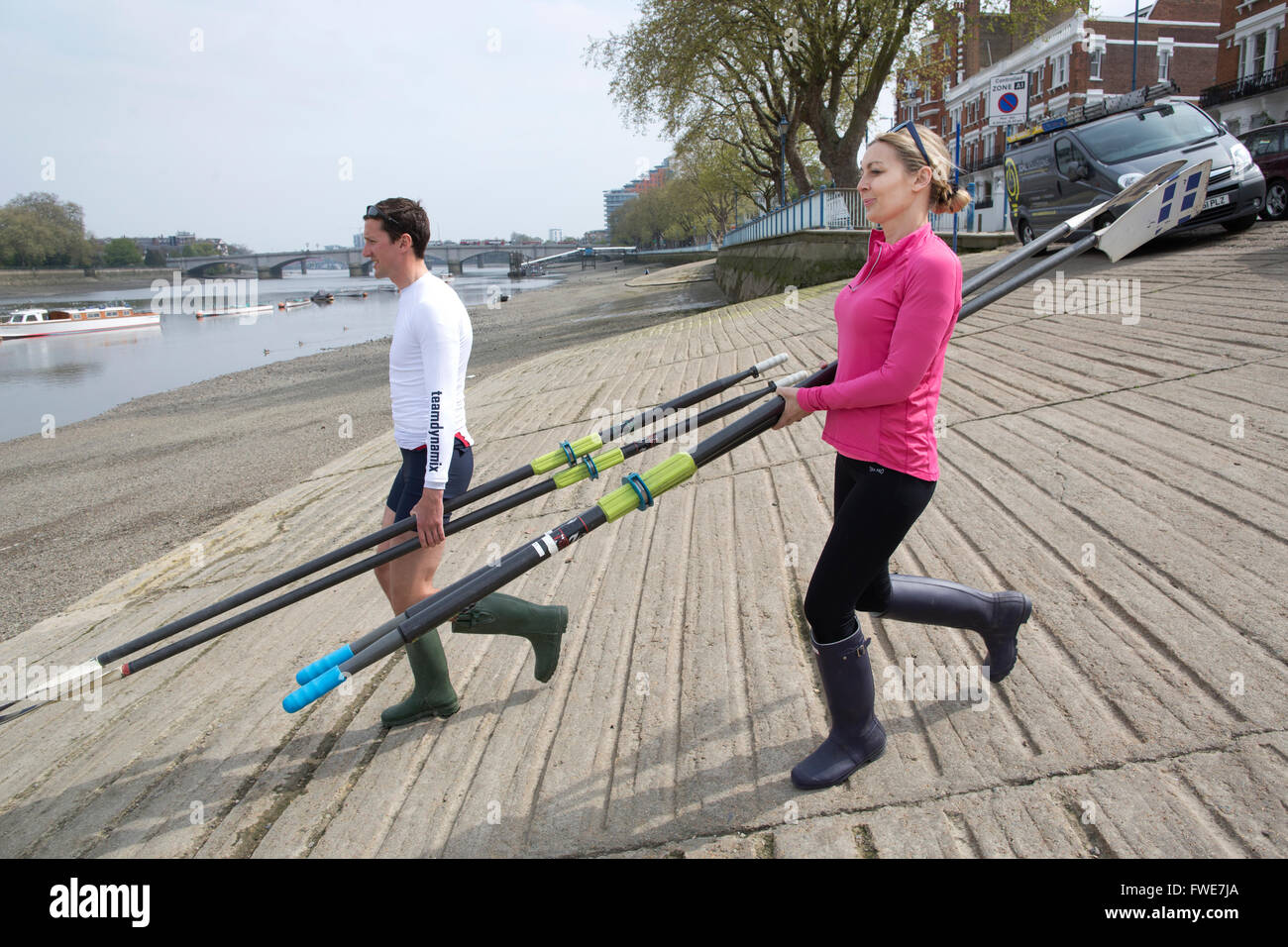 Middle aged woman preparing for a rowing lesson on the River Thames at Putney, Southwest London