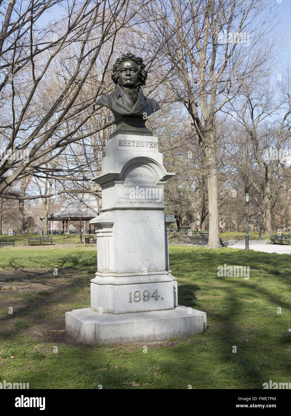 The bronze bust of the world renowned German composer Ludwig van Beethoven (1770–1827) was created by the German-American sculptor Henry Baerer (1837–1908). Dedicated in 1894 in the Prospect Park Concert Grove, the statue is one of seven in the immediate vicinity which include Wolfgang Amadeus Mozart, Karl Maria Von Weber, Edward Grieg, Washington Irving, Abraham Lincoln, and Thomas Moore. Stock Photo