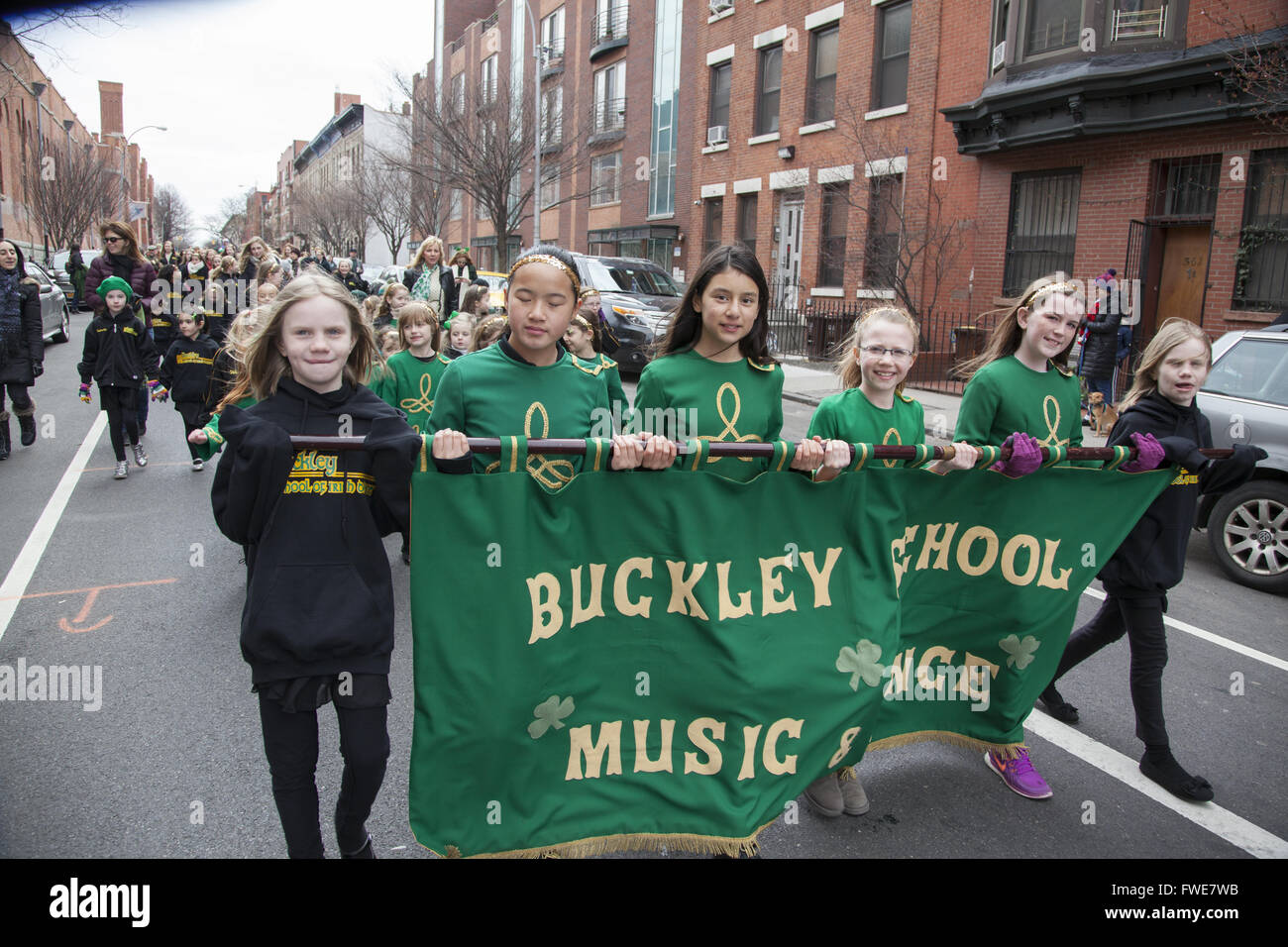Young Irish dancers march in the Irish Parade from the Buckley School of Music & Dance,  Park Slope, Brooklyn, NY. Stock Photo